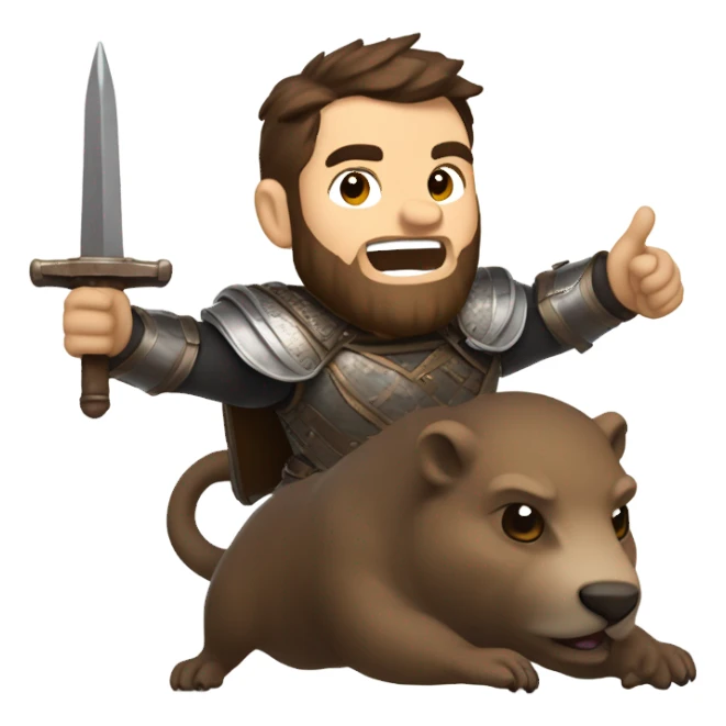 Confident armored White Man with dark brown hair and a short beard pointing forward with one arm holding a sword and yelling a battle charge while riding on the back of a giant groundhog sticker