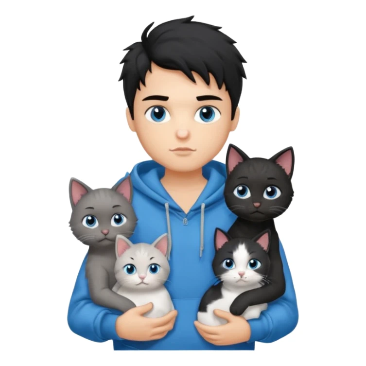 generate a pretty fair bratz boy with black messy hair holding 3 cats.  Wearing a grey hoodie sticker