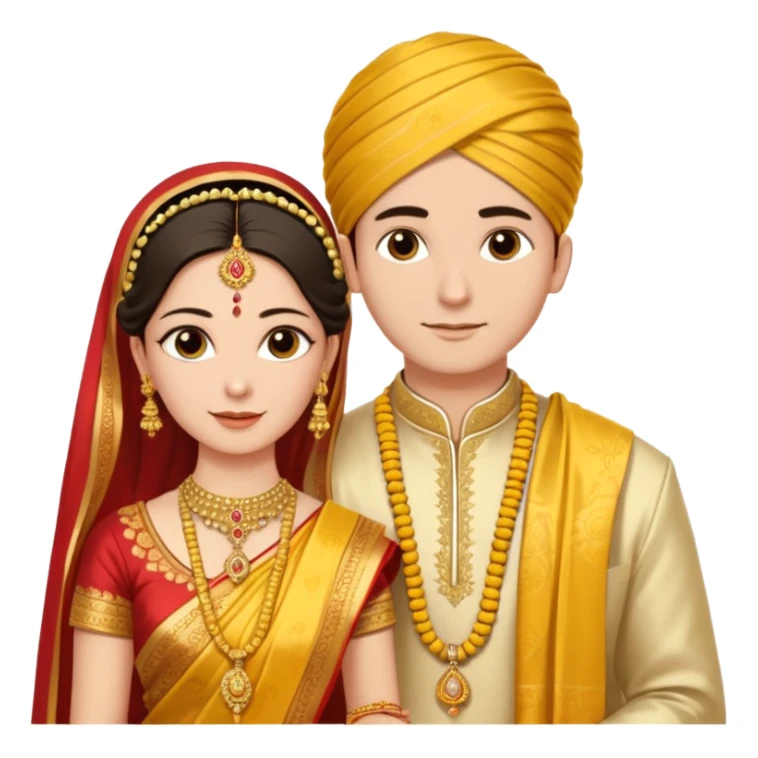 
A yellow sacred thread with two small gold pendants being tied around a bride's neck. The groom's hands are tying the knot while traditional Indian wedding elements like flowers and decorative details are visible in the background. Warm, ceremonial aesthetic. sticker