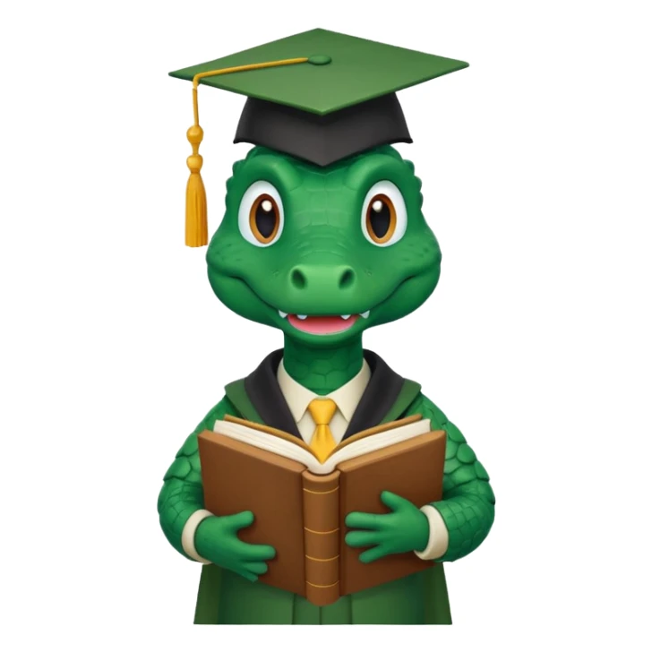 A claymation-style academic alligator with a book. The background is a solid white circle sticker