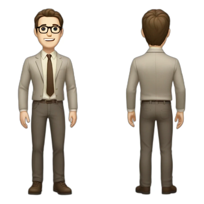 Full height Gesticulating Pale skinned fit man with dark brown hair in gray jacket, beige office shirt, brown tie, brown pants and vintage glasses. sticker