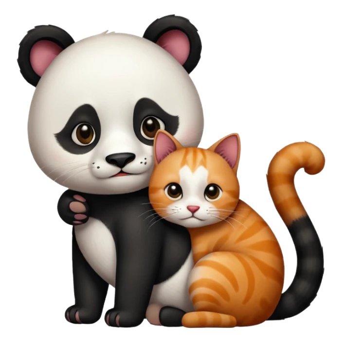 Panda hugging a  cat. The cat has 4 half its face ginger and the other half black sticker