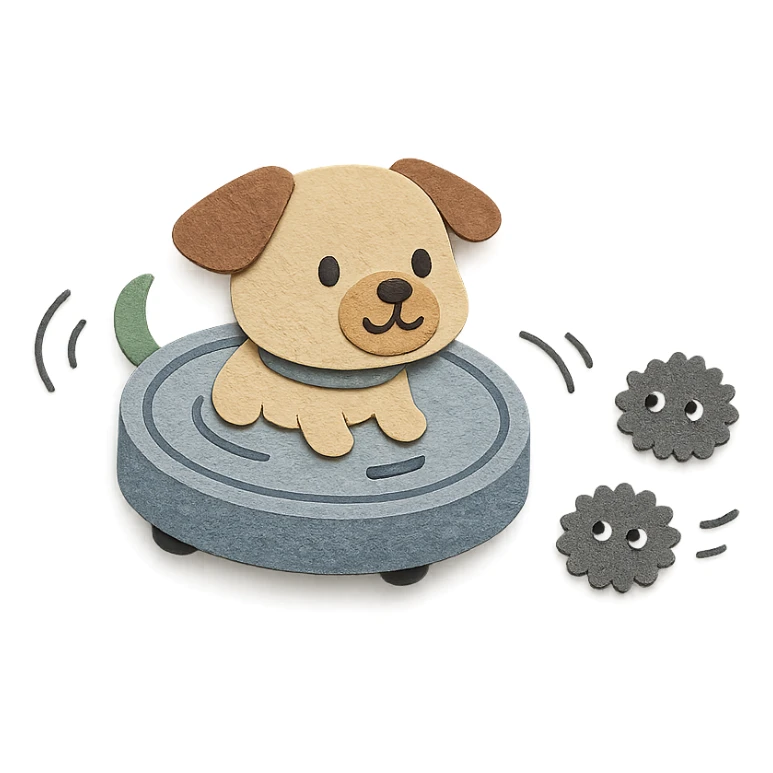 cute puppy-shaped vacuum robot spinning and chasing dust bunnies, soft grey pastel, full-body sticker