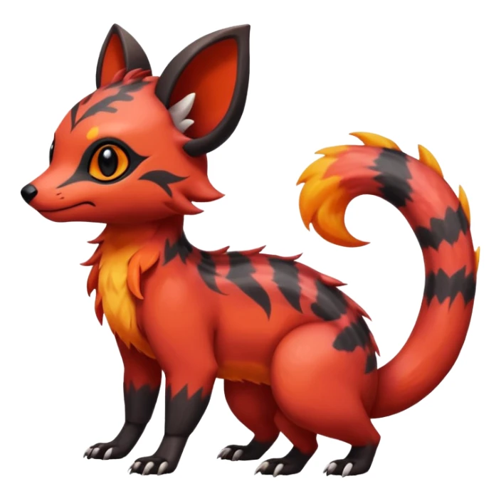 Rare tropical warm-colored exotic cute epic aesthetic colorful Salandit-Eevee-Civet-species-Fakemon-hybrid-creature, with wild fiery markings, full body sticker
