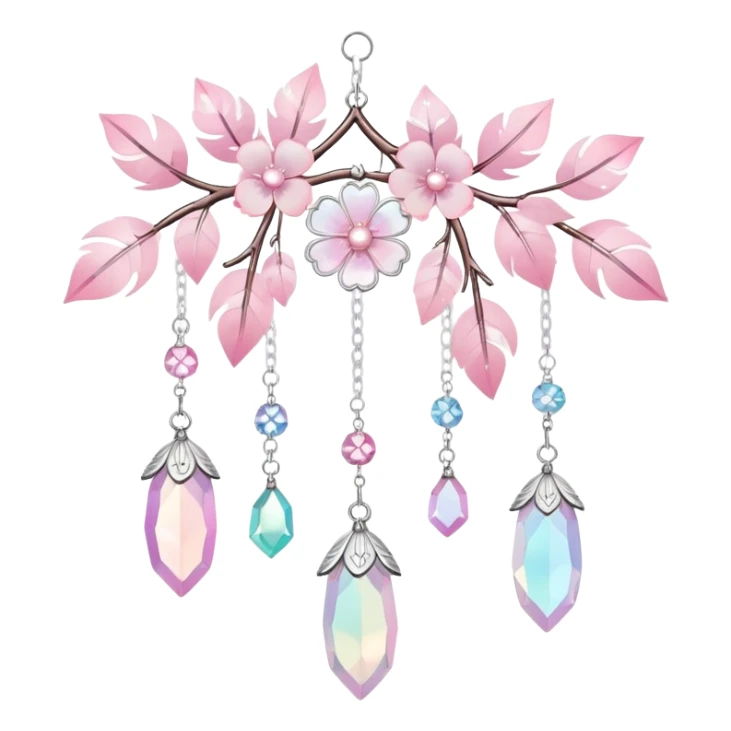Hanging Iridescent pastel pink sakura crystals white-pearly suncatcher with bells and feathers sticker
