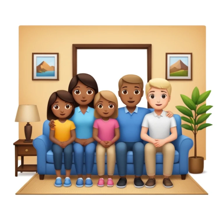 family posing for photo, living room background sticker