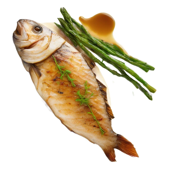 grilled fish small 3 fillet with brown butter sauce on white plate sticker