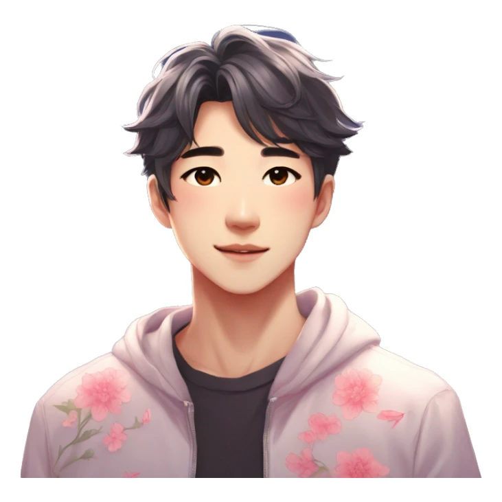 Gorgeous bright sparkly romantic Asian anime style guy with blushing face and flowers aesthetic trending style outside sticker