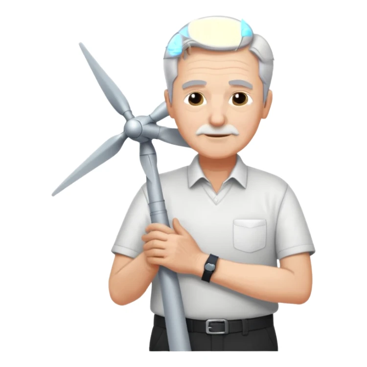 an older white man with grey hair and a white shirt and black pants , hugging a silver wind turbine sticker