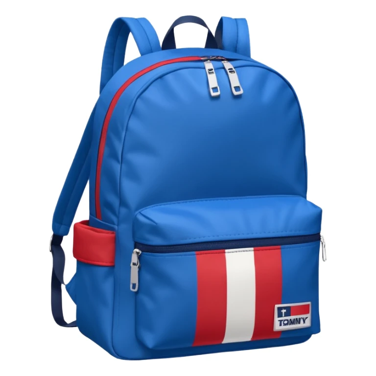 simple blue backpack, at the bottom pocket there is a  logo featuring a Tommy Jeans-inspired logo. The logo looks like a vertically-flag in one red, one white. The flag stripes are vertical, not horizontal. Flat

 sticker