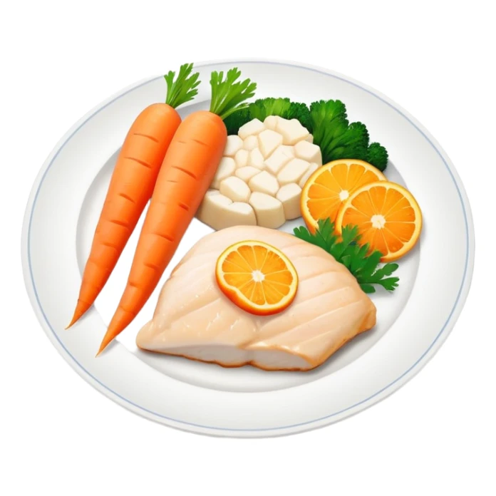 A plate with chicken, fish fillet, and bright orange carrots, with vitamin A nutrition labels sticker