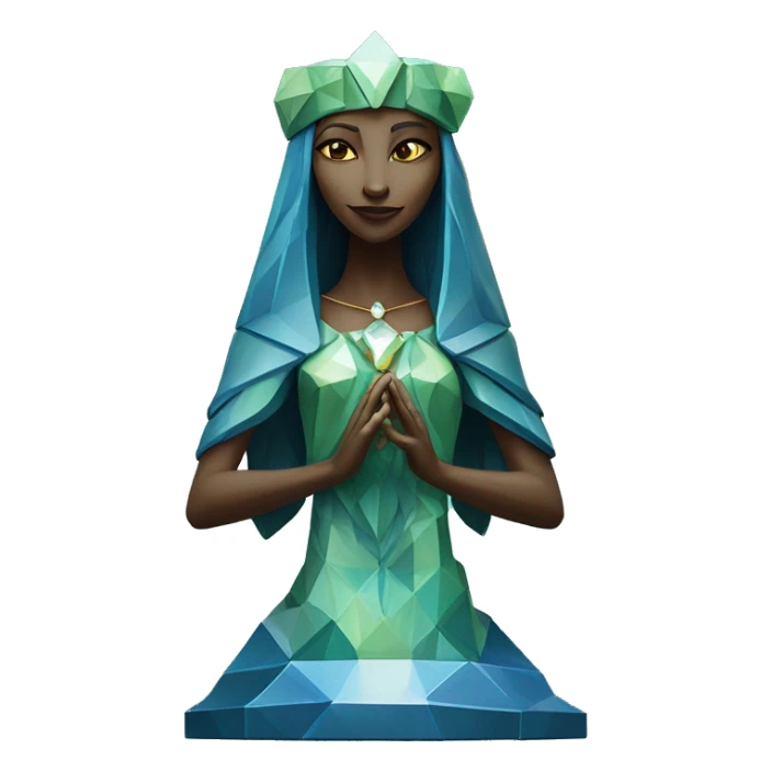 Sculpture oracle priestess with a geometric faceted design with disney features. Oracle of delphi is sparkling and standing upright on a base with angular and flower features. The vibrant blues neutrals and greens highlights the sharp edges and planes.  sticker