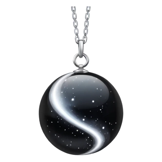 floating black onyx orb with a pure silver aura, cosmic particles swirling around it, silver chain floating midair like starlight sticker