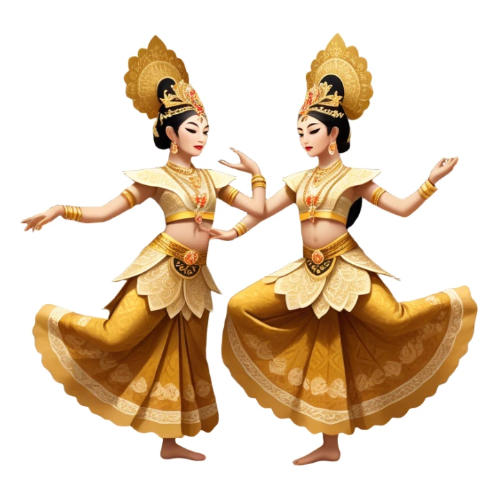 ​Cinematic Realistic Traditional Javanese Dancers, depicted as two graceful dancers in ornate traditional costumes with intricate batik patterns and elaborate headpieces, captured in dynamic poses during a ritual dance in an ancient temple courtyard, rendered with soft golden lighting and rich cultural textures, sticker