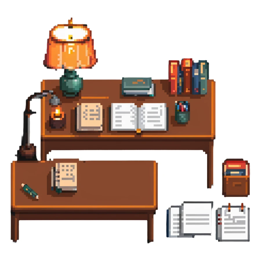 desk with a lamp, books, and papers, symbolizing studying sticker
