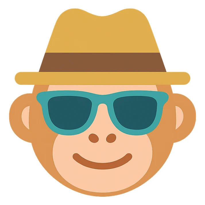 monkey in a fedora hat and sunglasses, color icon, flat design, playful and friendly sticker