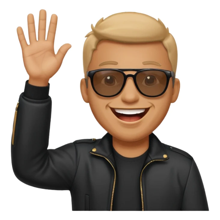 happy man with sunglasses, big laugh, waving, black jacket sticker