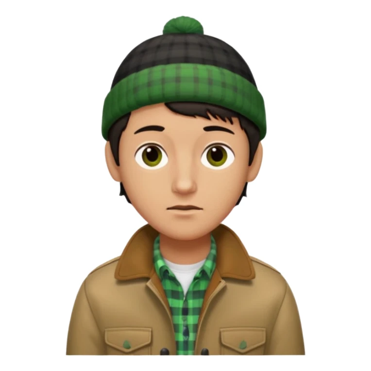 young man with longish black Beatle haircut, brown eyes, tan complexion, green beenie hat, tan jacket, checked shirt , pork chop sideburns sticker