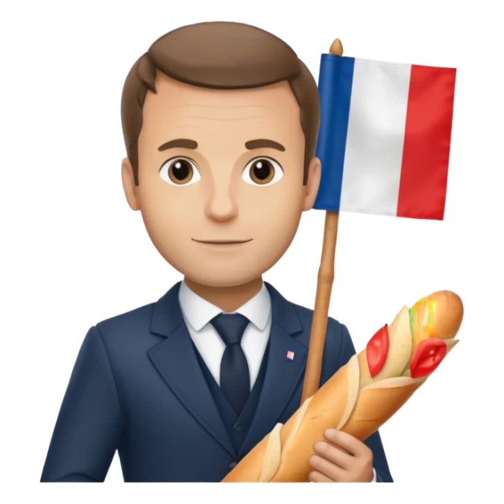 Macron avec une baguette et un drapeau français derrière lui sticker