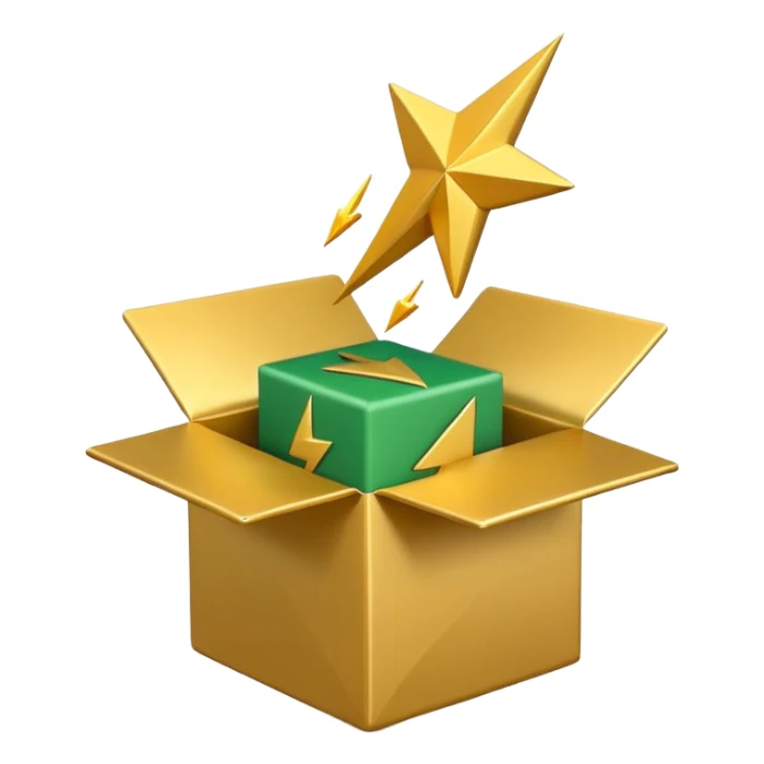 3D minimal open box with small floating icons coming out (envelope, lightning bolt, star), soft matte finish, deep green (#0B3D2C) box, gold (#C9B037) floating icons, Apple style, ultra clean and sleek, very soft ambient shadow, transparent background sticker