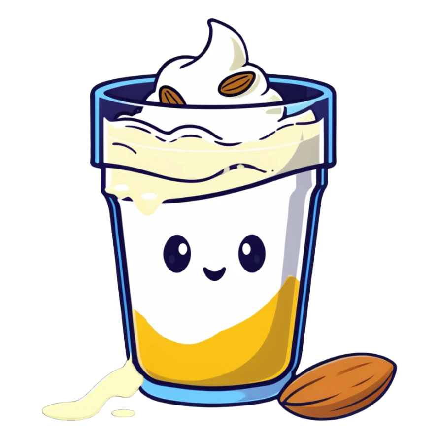 A single large white bone, clearly visible and dominant in the center, glowing with light. Around it, but not touching, are smaller floating items: a cup of yogurt, a small pile of shredded cheese, several almonds, and sesame seeds. sticker