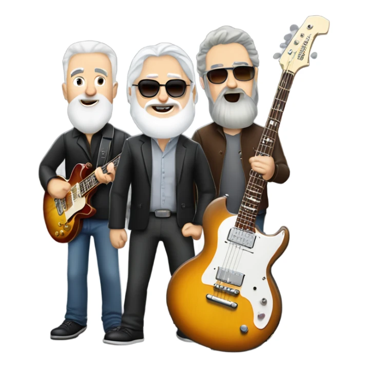 Three white mature musicians. one on a Gibson Les Paul guitar with a beard, one on a Fender Precision bass that is very tall and one playing banjo with a short gray beard sticker