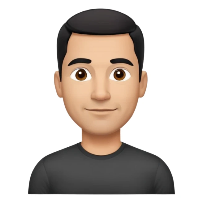 Athletic Hispanic man in his 40s-50s with light brown skin, very short black hair with low fade haircut, square face with strong jawline, thick straight eyebrows, wide straight nose, medium lips with confident smile, broad shoulders, wearing black fitted t-shirt sticker