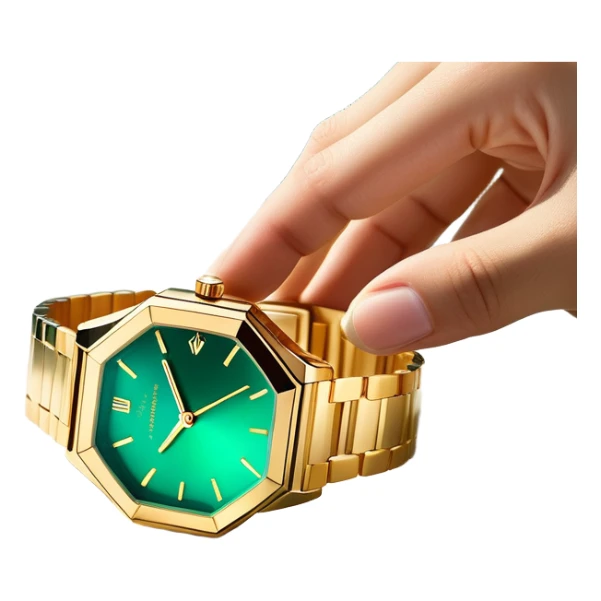 Minimalist white hand outline cradling a hexagonal prism refracting golden light into a scene of a luxury watch on a marble desk, deep emerald (#1A5F3F) and sapphire (#0F52BA) gradient background, prism facets glowing with metallic gold (#D4AF37) edges, soft shadow play, cinematic luxury vibe --style minimalist --no text, realistic details, human faces sticker
