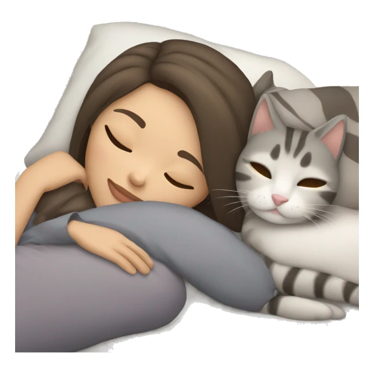Brunette girl with light skin sleeping with a grey tabby cat sticker