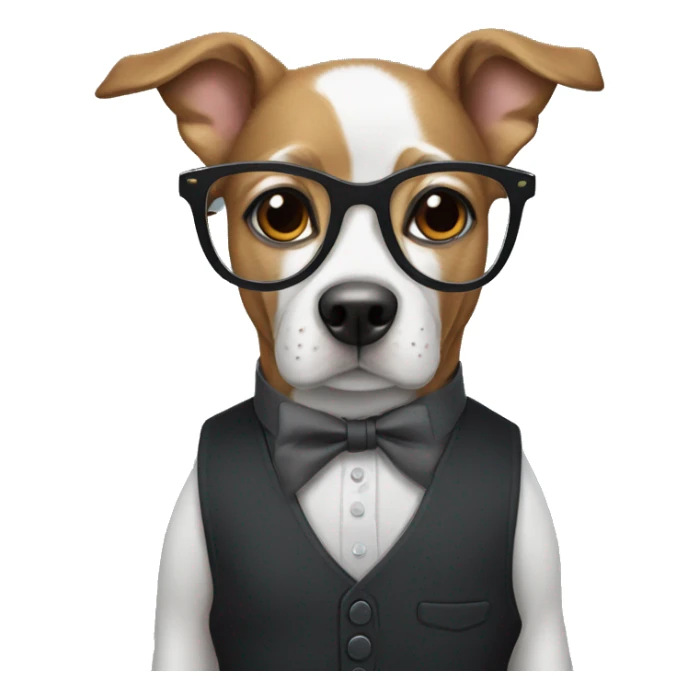 A dog wearing glasses, a black button up shirt and a dark grey vest  sticker