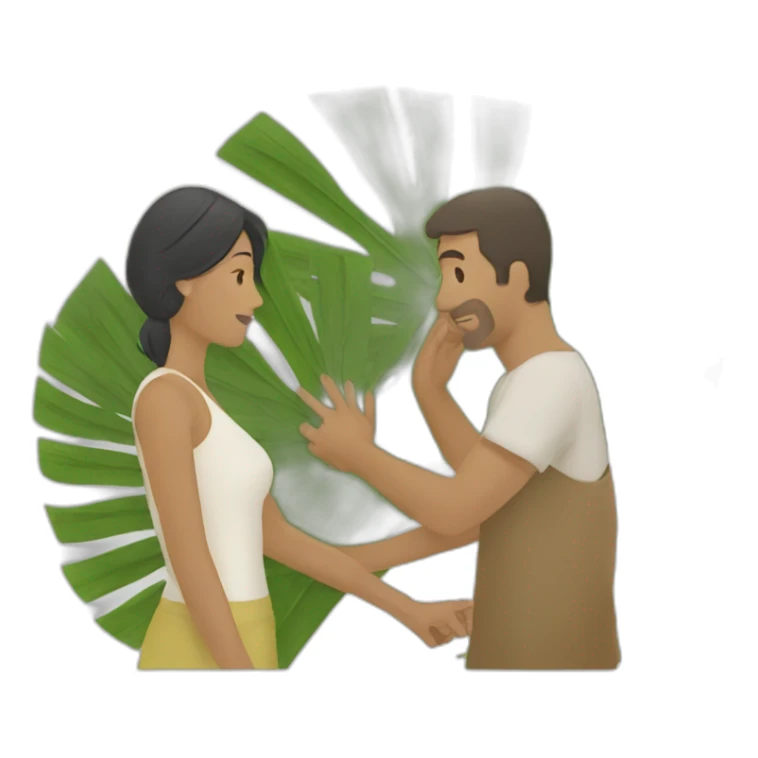 woman fanning a man with palm leaves sticker