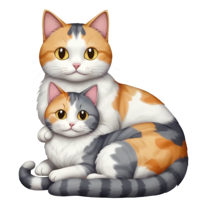 full body colourful light patched calico + white tabby cat cuddling a large grey and white cat  sticker