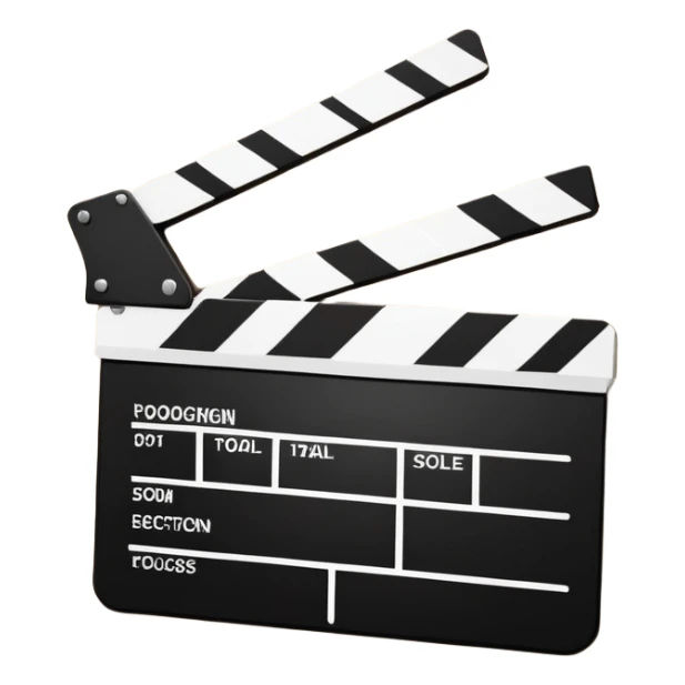 Minimalist film clapperboard, black and white, clean geometric shapes with diagonal line sticker
