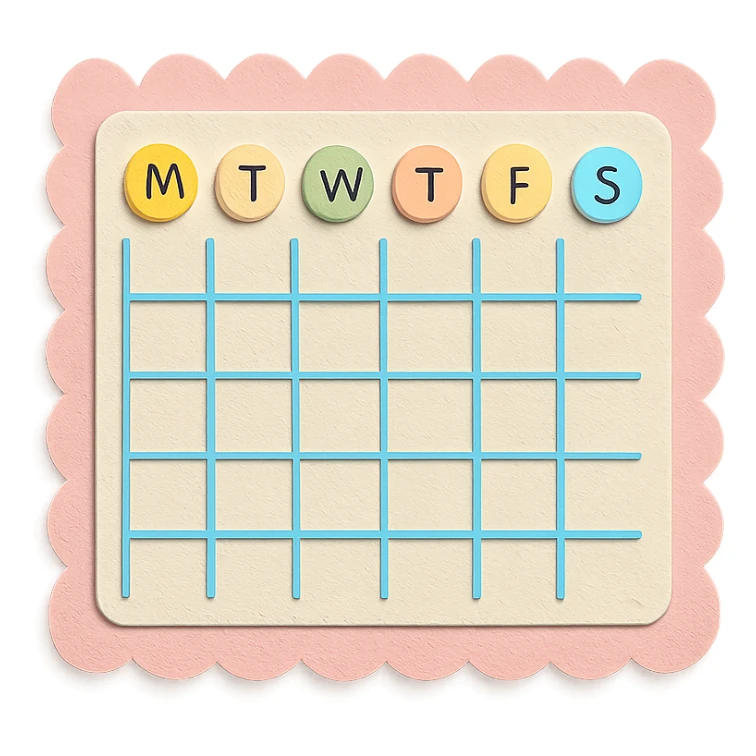 soft pastel minimal daily schedule grid with cute borders, with a pink scalloped border sticker