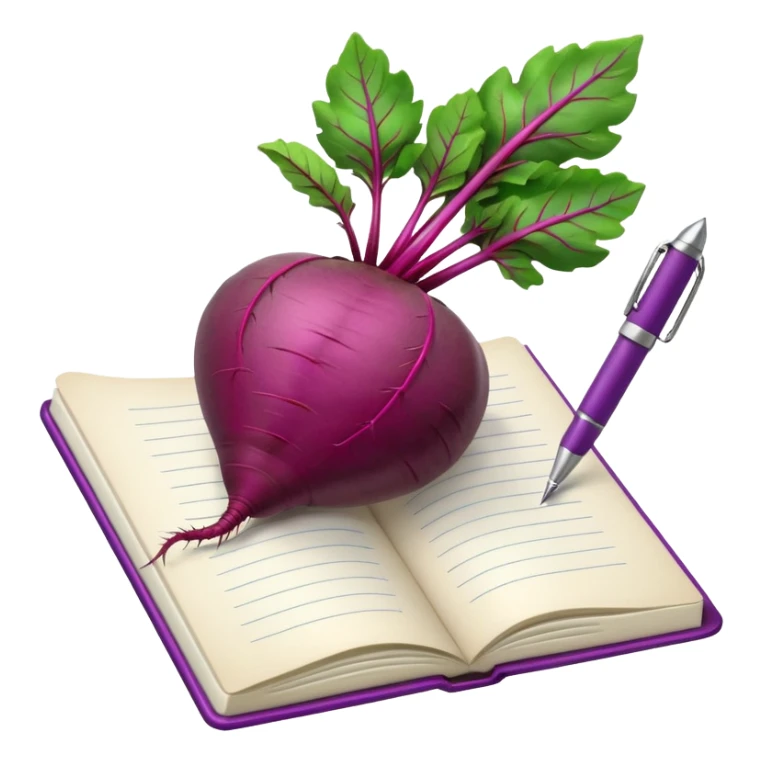 purple beetroot with green leaves in front of an open notebook with a pen beside it sticker
