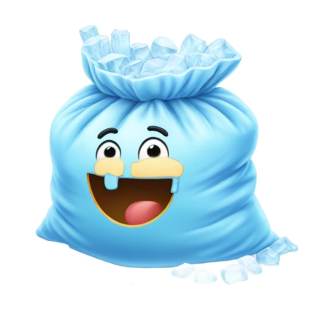 Big bag of ice with frost on the bag sticker