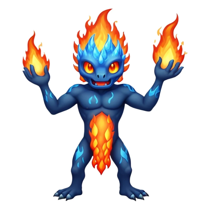 a mystical fast lava creature without arms with molten lava on its head and some rocky shoulders, fire crystals, blue flames, fire legs, no background sticker
