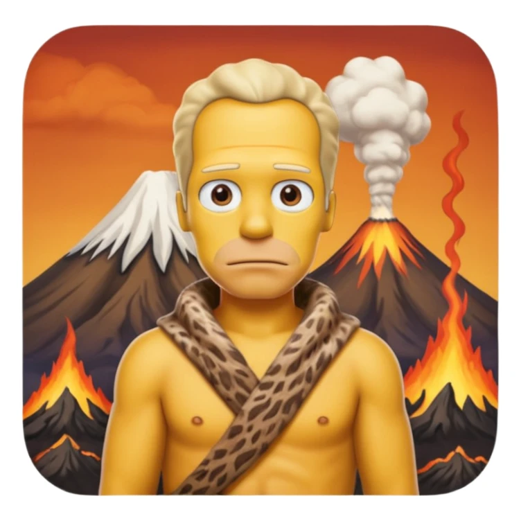 a simpson guy wearing ancient animal skin cloth with volcano behind, half body, icon sticker