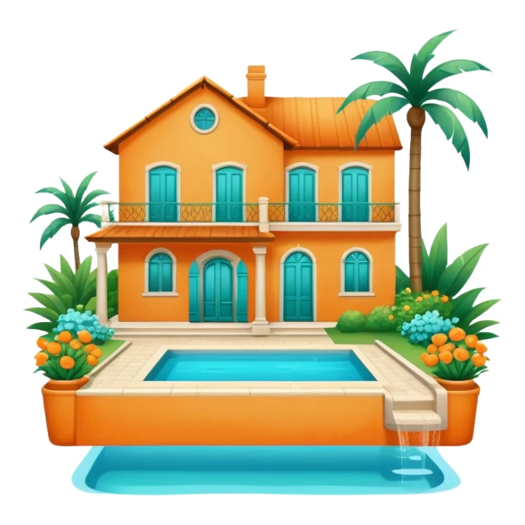 orange countryside house with a swimming pool and garden sticker