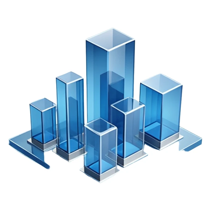 A minimalist 3D illustration of abstract glass buildings in blue tones, made of transparent glass-like materials with soft lighting and subtle reflections, isometric perspective, white background, futuristic architecture concept, volumetric light, clean render, high detail, no text sticker