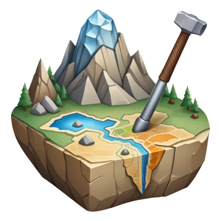 An icon featuring a rock hammer, a fossil, and a geological map, symbolizing geology. The design includes layers of the Earth, a crystal, and a mountain range, representing the study of Earth's structure, materials, and natural processes. Transparent background highlights geological research sticker