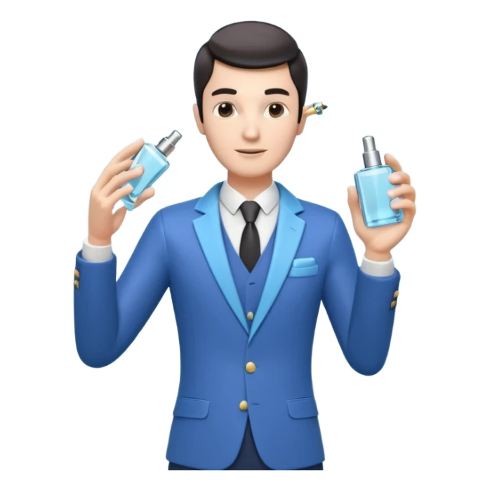 stylish man spraying perfume, holding a perfume bottle, mist spray in the air, elegant pose, 3D cartoon, mobile game icon style, clean background, no text, no watermark

 sticker