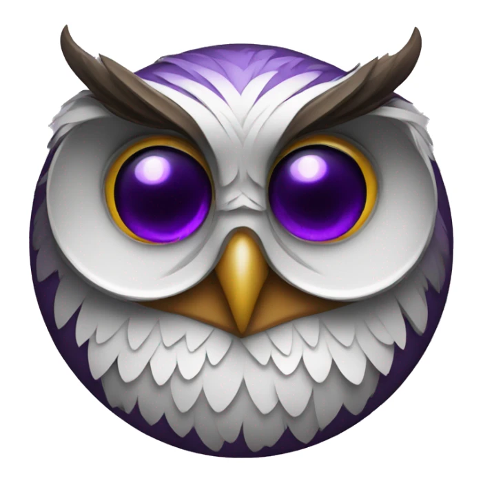 Owl with purple eyes in black coin sticker