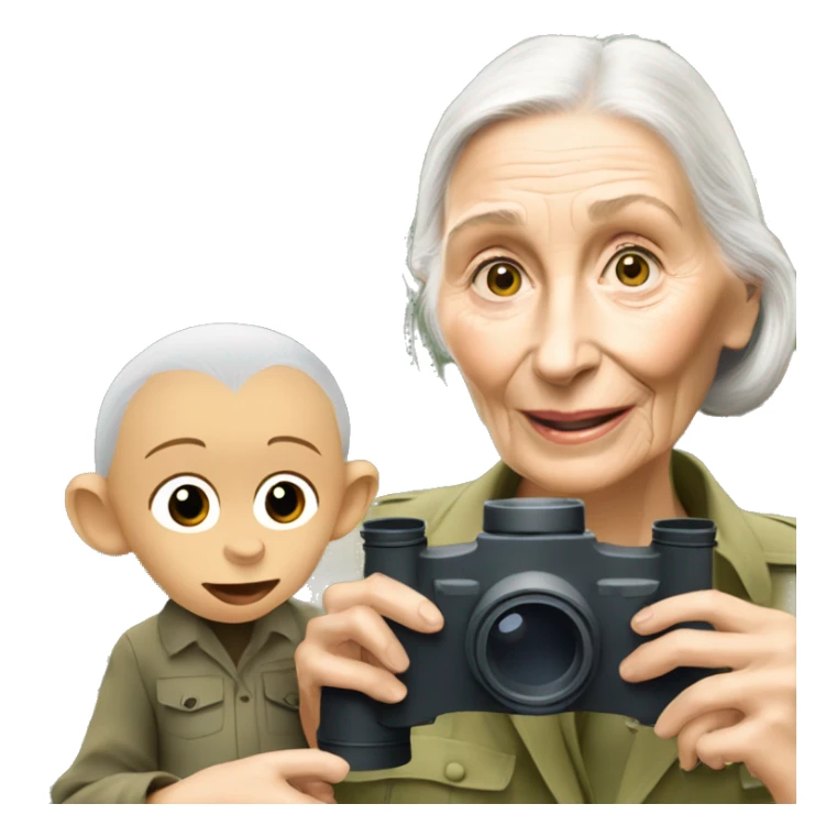 Jane Goodall with binoculars and a baby chimpanzee sticker
