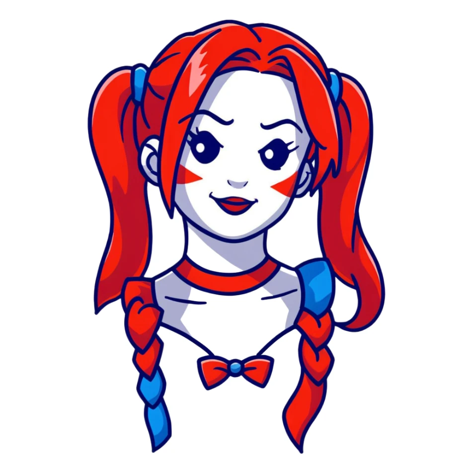 Harley Quinn style hair with red and blue ponytails sticker