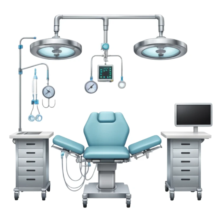 A surgical room setup with overhead lights and sterile instrument table.
 sticker