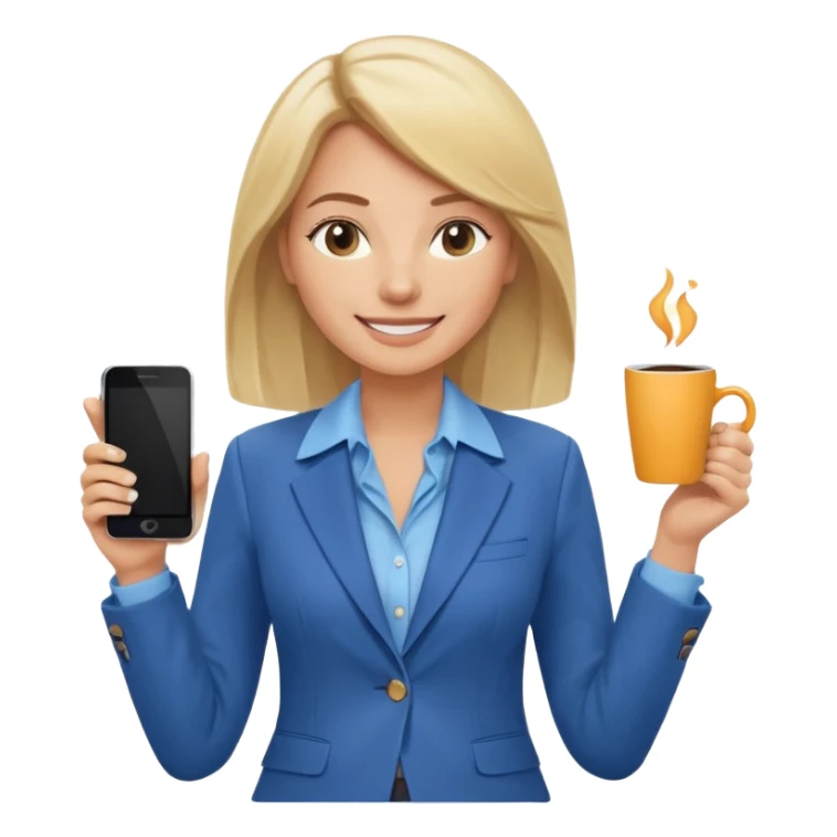 Confident and outgoing female entrepreneur, Caucasian features, shoulder-length blonde hair, big friendly smile, expressive eyes, wearing a blue blazer over a light blue blouse, holding a smartphone in one hand and a coffee cup in the other, waist-up, front-facing sticker