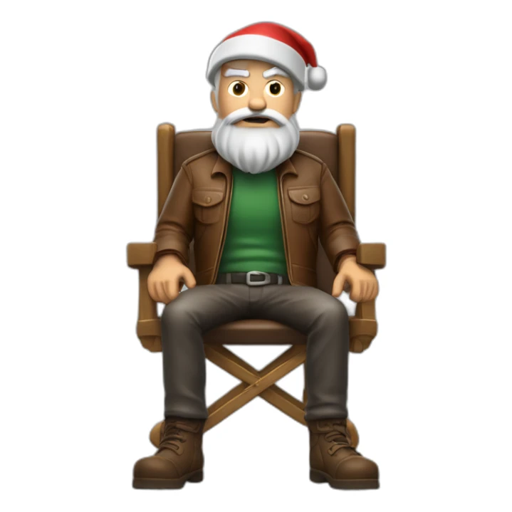 biff wiff short santa beard wearing a brown leather jacket and a paddy cap sitting in a folding directors chair looking angry(full body, ios17) sticker