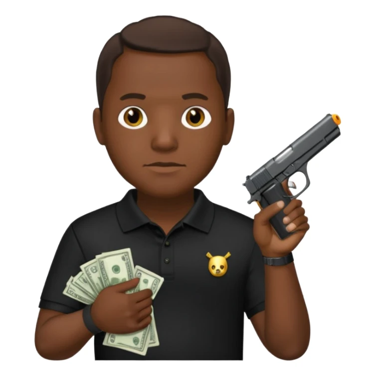 franklin saint from snowfall perhaps holding money and gun but he is with a black polo shirt sticker