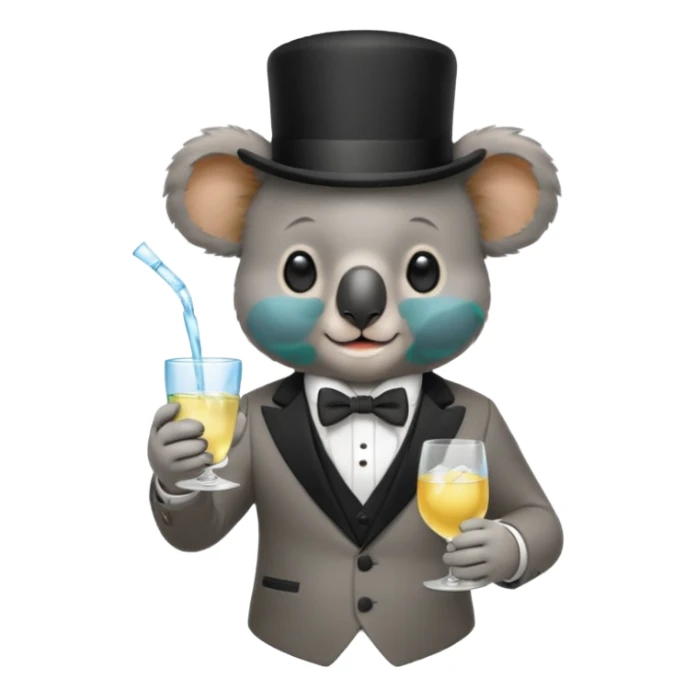 koala wearing suit, bowtie and top hat, holding glass of water sticker